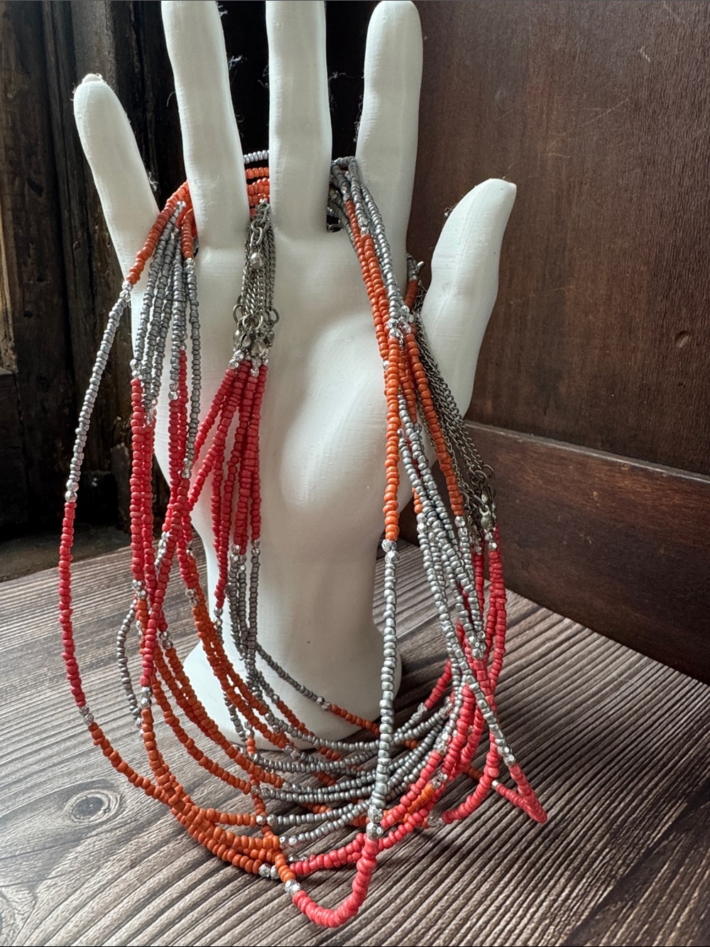 Multi-Strand Orange and Coral Beaded Necklace with Silver Accents 18”